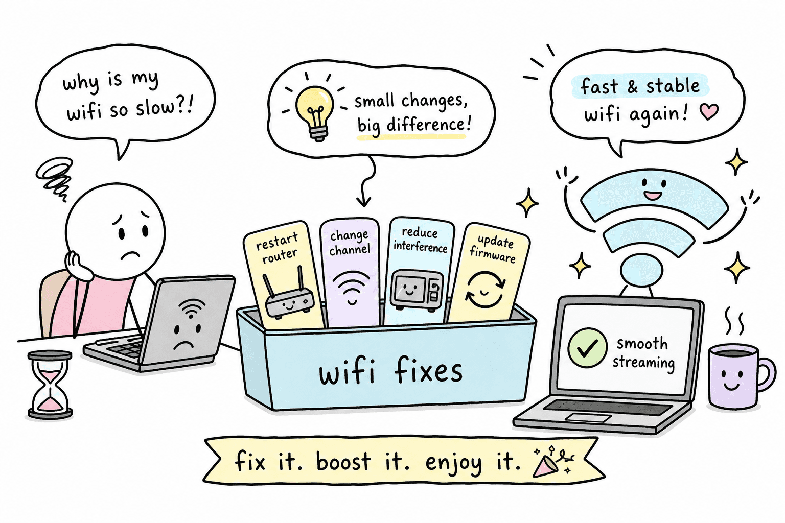 Cartoon illustration: frustrated user with slow WiFi, a box of wifi fix tips (restart router, change channel, reduce interference, update firmware), and a happy WiFi mascot with smooth streaming — tagline fix it, boost it, enjoy it.