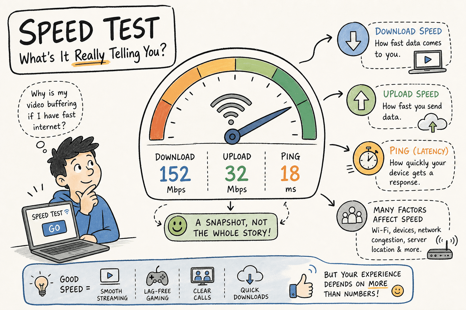 Educational infographic explaining internet speed test metrics: download and upload Mbps, ping latency, jitter, and factors like Wi‑Fi and congestion that affect results.