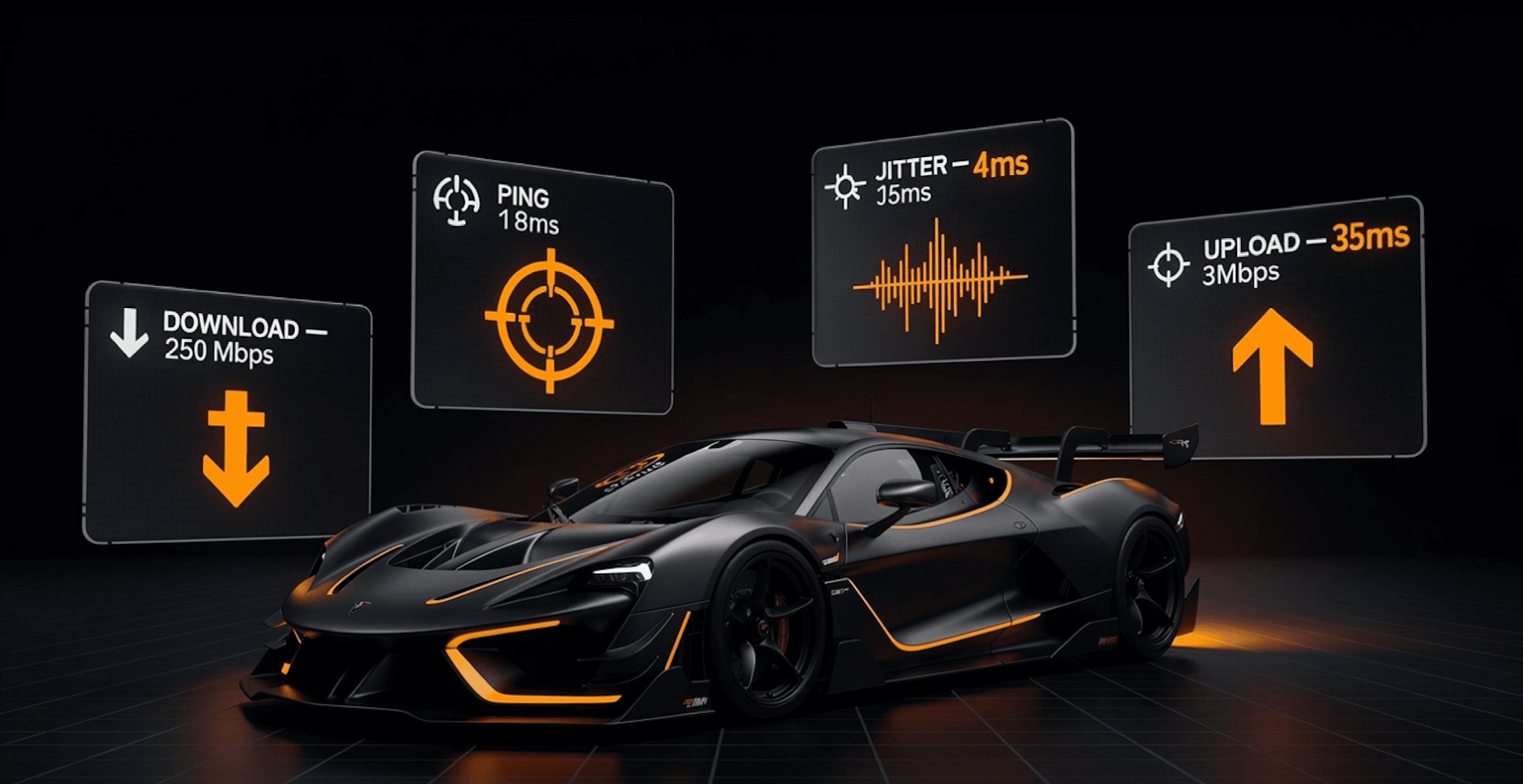 A racing car speed gauge overlaid with internet speed metrics — ping, jitter, download and upload speed — representing gaming connection performance